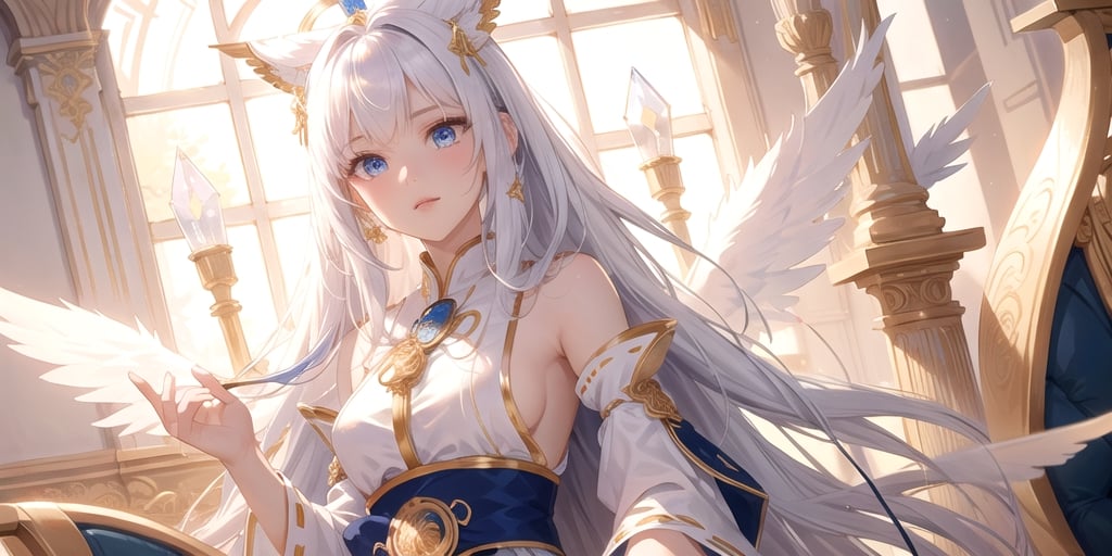 vibrant colors, female, masterpiece, sharp focus, best quality, depth of field, cinematic lighting, ((solo, one woman )), (illustration, 8k CG, extremely detailed), masterpiece, ultra-detailed,
1angel, (white hair), long curly hair, blue eyes, (two blue ribbons on her hair), (Double golden halo on her head), angel wings, Sitting on a seat, look to the sky,perfect light,midjourney,miko dressing