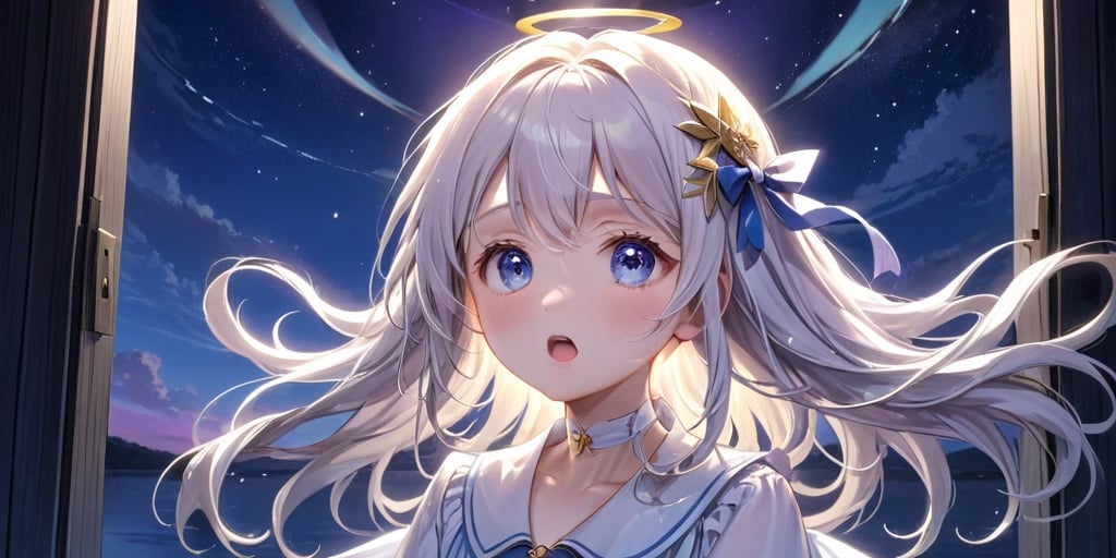 a cute girl reaching starry sky,aurora,The moonlight shines on the face,Mirror-like water,Mare's nest,Look up at the stars,masterpiece, best quality, aesthetic، in Daybreak Purple sky The appearance of a sun streak, 1girl, angel, white hair, long curly hair, two side up,blue eyes, two blue ribbons on her hair, (Double golden halo on her head), choker, angel wings, wearing school uniform, detail blue eyes, surprise, open mouth, a door, gate,Beautiful Eyes,more detail XL