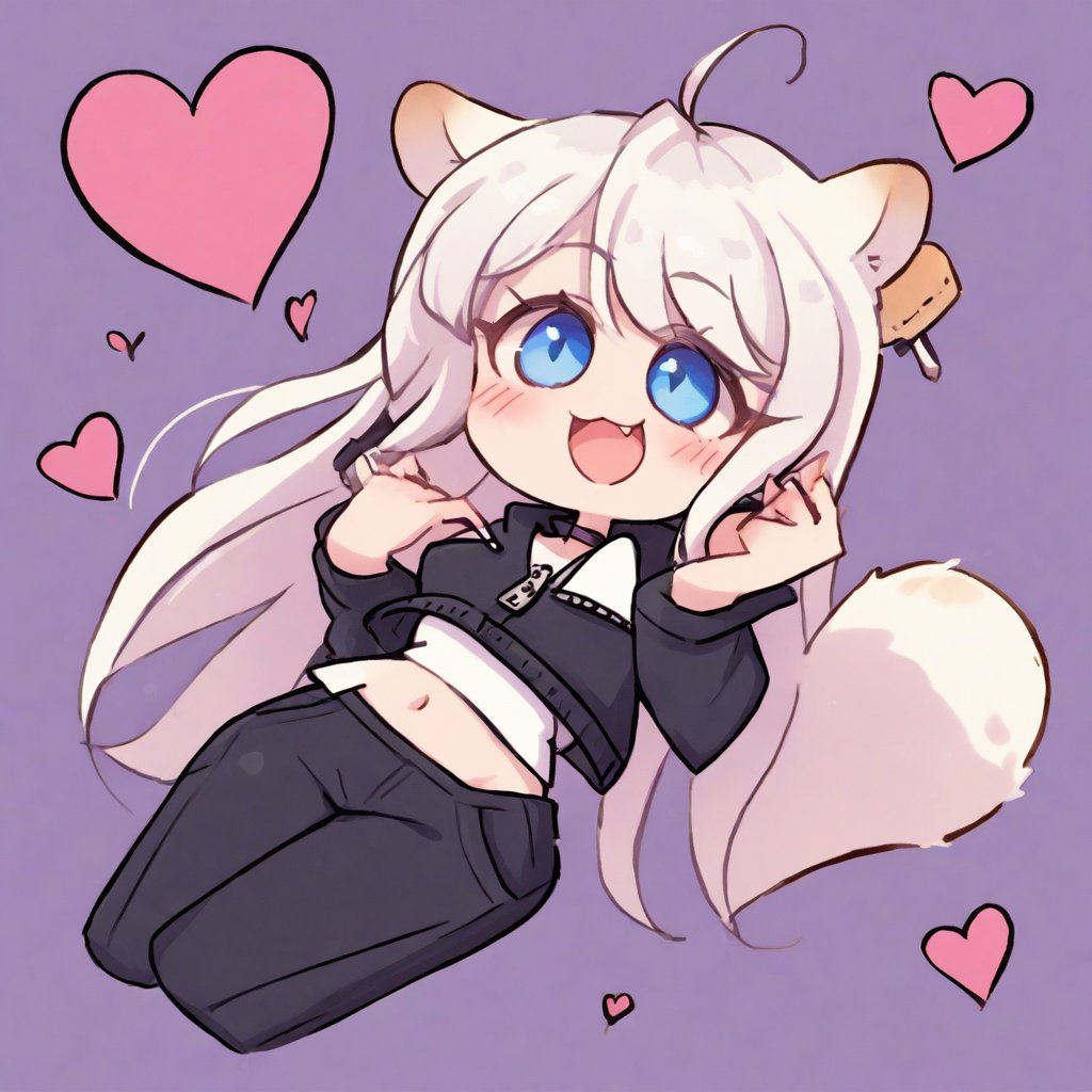 Heart background,1girl, stoat girl, solo,  ((white hair)), very long hair, blue eyes, (straight hair), (bangs), animal ears, (stoat ears:1.2),
 Choker, ahoge, fangs, (big stoat Tail:1.2), (blue X hairpin), (White collared sleeveless top, (midriff), blue chest bow), 
(black hooded oversized jacket:1.2), (jacket zipper half unzipped), (black short pants) (Off the shoulders), happy, smile,smug face, heart,l ong hair,seductive smile, blush,full body,girl focus, navel,food, midriff, 