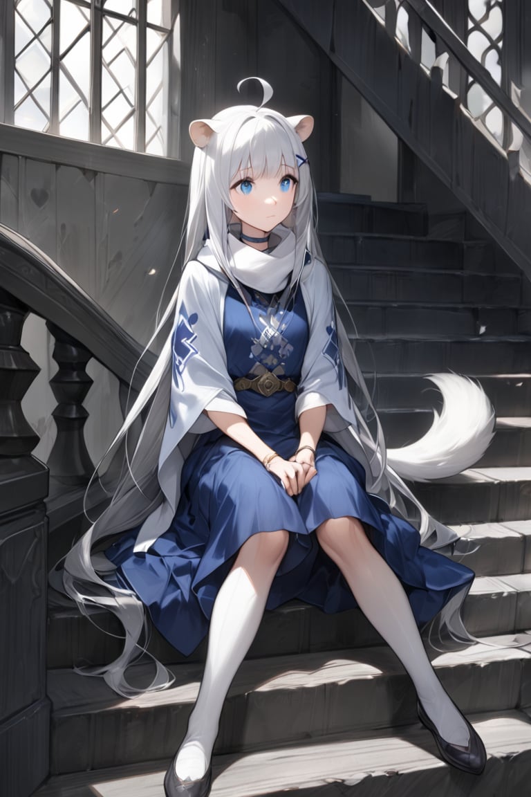 1girl, stoat girl, solo,  ((white hair)), very long hair, blue eyes, (straight hair), (bangs), animal ears, (stoat ears:1.2),
 Choker, ahoge, yaeba, (big white stoat Tail:1.2), (blue X hairpin), An animated image of a woman in a blue dress sitting on a set of stairs. The woman has long hair and blue eyes. She is wearing a white scarf around her neck. The stairs she is sitting on are made of gray wood. There is a window to the left of the woman. The wall behind the woman  has a design on it.