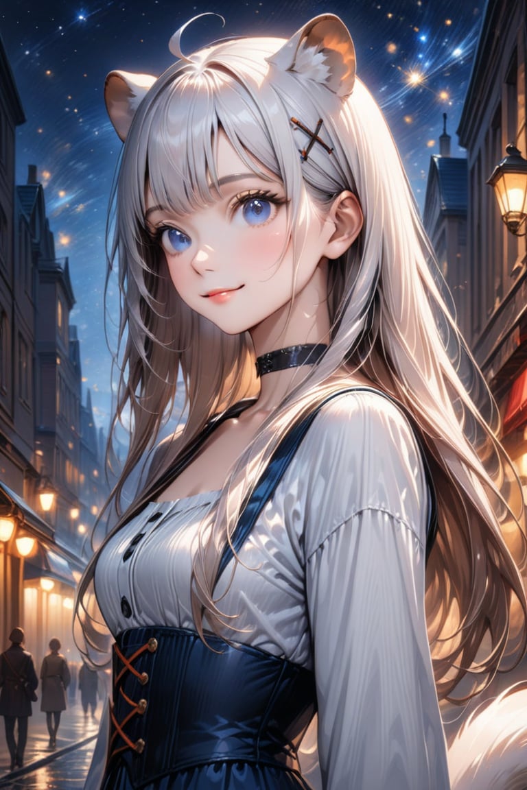 1girl, stoat girl, solo,  ((white hair)), very long hair, blue eyes, (straight hair), (bangs), animal ears, (stoat ears:1.2),
 Choker, ahoge, yaeba, (big white stoat Tail:1.2), (blue X hairpin), masterpiece quality, upper body, looking at viewer, smiling, corset, walking in renacentist city, close up, stunning image, light particles, stunning image, digital art, professional style, ((masterpiece quality: 2)), starry night, close up, attractive image, fine art parody, oil painting style. 