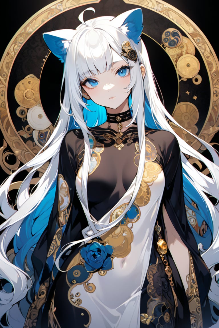 A beautiful girl, 1girl, stoat girl, solo,  ((white hair)), very long hair, blue eyes, (straight hair), (bangs), animal ears, (stoat ears:1.2),
 Choker, ahoge, yaeba, (big white stoat Tail:1.2), (blue X hairpin), dynamic character, detailed exquisite face, bold high quality, high contrast, patchwork, vibrant colors, looking at viewer, intricate gold patterns, swirling motifs, (Gustav Klimt and Mucha and Caravaggio style artwork),art_booster, 