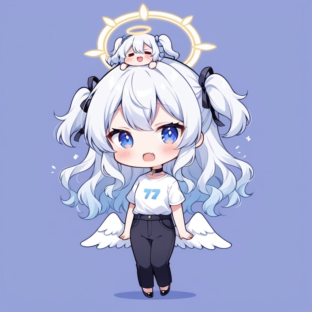 score_9,score_8_up,score_7_up, chibi, chibi style, 1girl, angel, ((white hair)), long curly hair, (two side up), blue eyes,  (curly hair:1.2), (wavy hair), (hair curls)
, (bangs), (two side up), two blue hair ties on head, (Double golden halo on her head), choker, angel wings, ahoge, fang, (=_=), (white T-shirt, pants), looking at viewer,blush,simple background,standing,full body,comic book