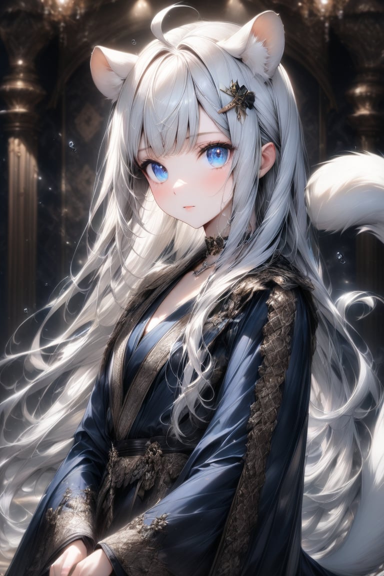 1girl, stoat girl, solo,  ((white hair)), very long hair, blue eyes, (straight hair), (bangs), animal ears, (stoat ears:1.2),
 Choker, ahoge, yaeba, (big white stoat Tail:1.2), (blue X hairpin), Beautiful girl. She is very badass, she wears a very luxurious outfit, pretty detailed, shining skin, detailed skin, dynamic light, wallpaper quality, detailed eyes, shining, blue eyes, blurry background, detailed image, detailed skin, upper body, looking at viewer, stunning image, 8k, proffesional style, luxurious room in background. Water drop, ((masterpiece: 1.2)), light particles, ink droplets in background.,Masterpiece,Stunning image,Professional style