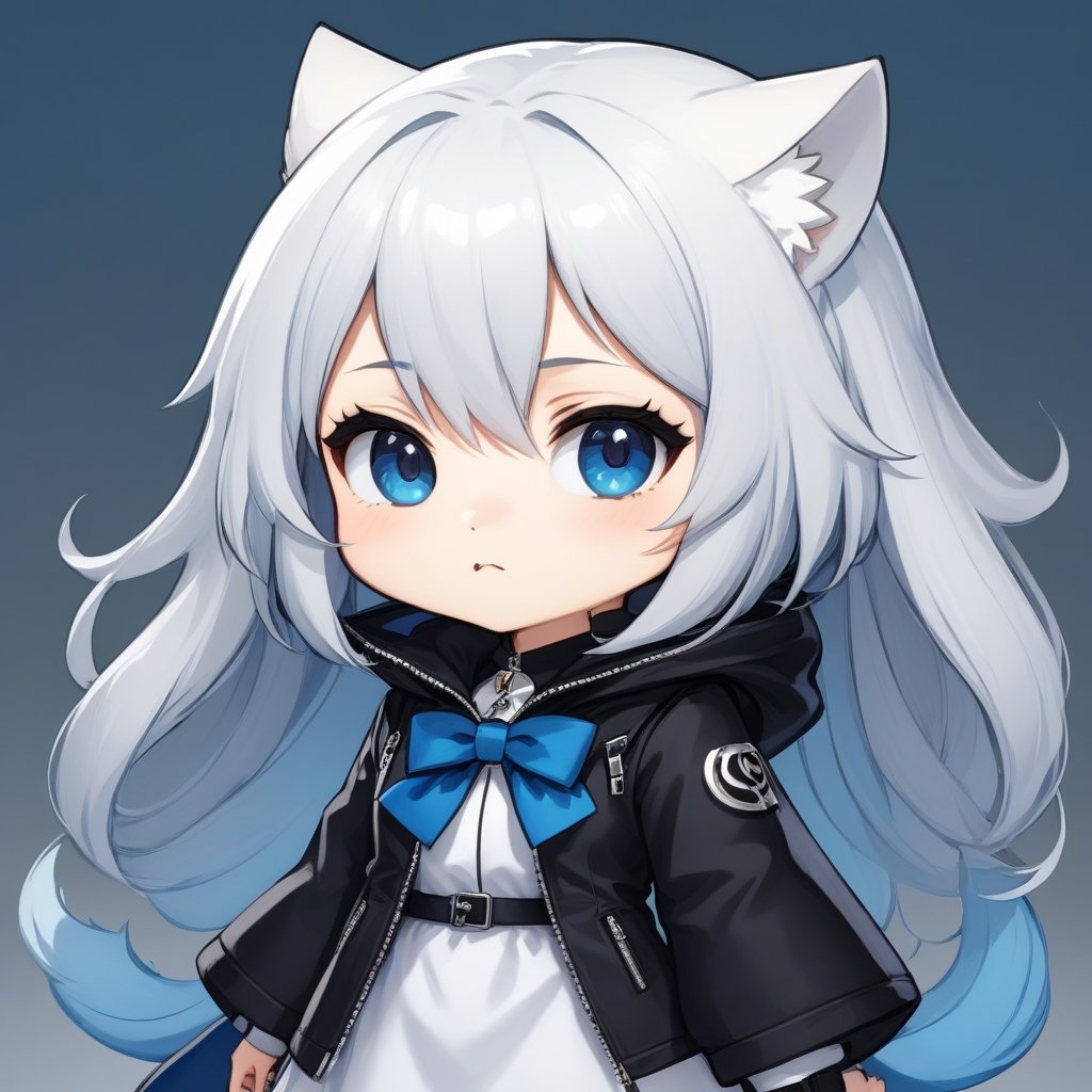 (chibi style), {{{masterpiece}}}, {{{best quality}}}, {{ultra-detailed}}, {beautiful detailed eyes},1girl, solo,  ((white hair)), very long hair, blue eyes, (straight hair), (bangs), animal ears, (stoat ears:1.2), Choker, ahoge, fangs, (big stoat Tail:1.2), (X hairpin), (White sleeveless collared dress, (Two-piece dress), (blue chest bow)), (black hooded oversized jacket:1.2), (Jacket zipper half zipped), (Off the shoulders), ((shadow face:1.2)), (angry eyes), (closed mouth), upper body,chibi emote style,chibi,emote, cute,