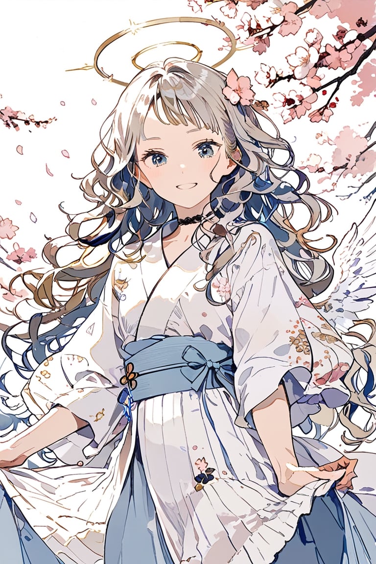 masterpiece, best quality, aethetic,Pretty girl,1girl, angel, white hair, long curly hair, (two side up), blue eyes,  (curly hair:1.2), (wavy hair), (hair curls)
, (bangs), (two side up), two blue hair ties on head, (Double golden halo on her head), bowtie choker, angel wings, ahoge,Thin eyebrows,light blue eyes,（Sakura kimono：1.4）,Long skirts,Touched smile,gentle smile,Facial flushing,Cherry blossom trees,thick bangs,looking at viewer,closed mouth,aesthetic
