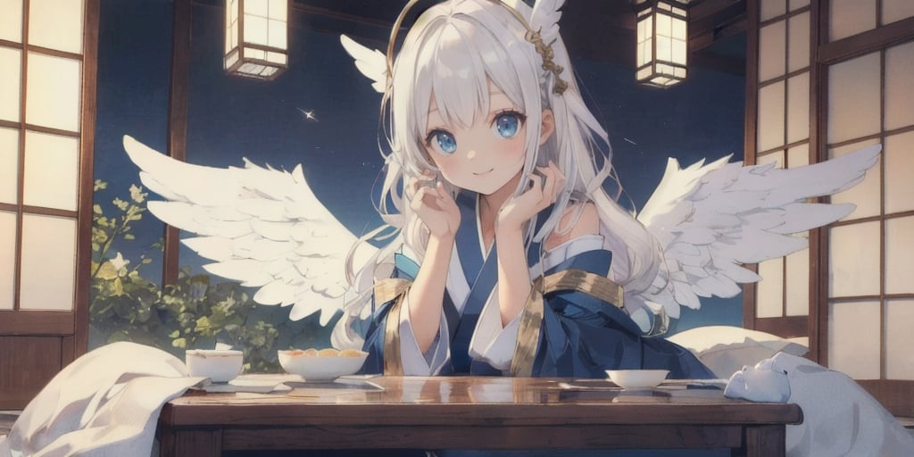  (Best Picture Quality, High Quality, Best Picture Score: 1.3), , Perfect Beauty Score: 1.5, long hair, 1 angel girl, (solo), ((white hair)), (long curly hair), blue eyes, ((two blue ribbons on her hair)), (Double golden halo on her head), (angel wings), (cute outfit), cute smile, Japanese witch costume, (Japanese cotton-padded jacket), sitting at the Kotatsu table, beautiful, cute, masterpiece, best quality,