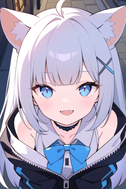 masterpiece, best quality, laplace, 1girl, solo,  ((white hair)), very long hair, blue eyes, (straight hair), (bangs), animal ears, (stoat ears:1.2), Choker, ahoge, fangs, (big stoat Tail:1.2), (blue X hairpin), (White sleeveless collared dress, (midriff), blue chest bow), (black hooded oversized jacket:1.2), (jacket zipper half unzipped), (Off the shoulders), lolita, smile, leaning forward, city street, close-up , from above, look up, anime,light,detail,atmosphere,portraitart,Visual_Illustration,portrait art style