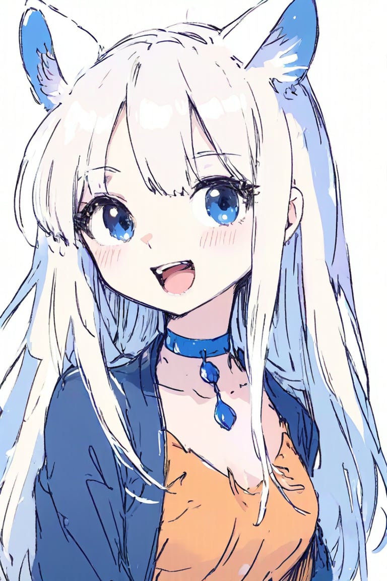 1girl, stoat girl, solo,  ((white hair)), very long hair, blue eyes, (straight hair), (bangs), animal ears, (stoat ears:1.2),
 Choker, ahoge, fangs, (big stoat Tail:1.2), (blue X hairpin), (White collared sleeveless top, (midriff), blue chest bow), 
(black hooded oversized jacket:1.2), (jacket zipper half unzipped), (black short pants) (Off the shoulders), anime, eating