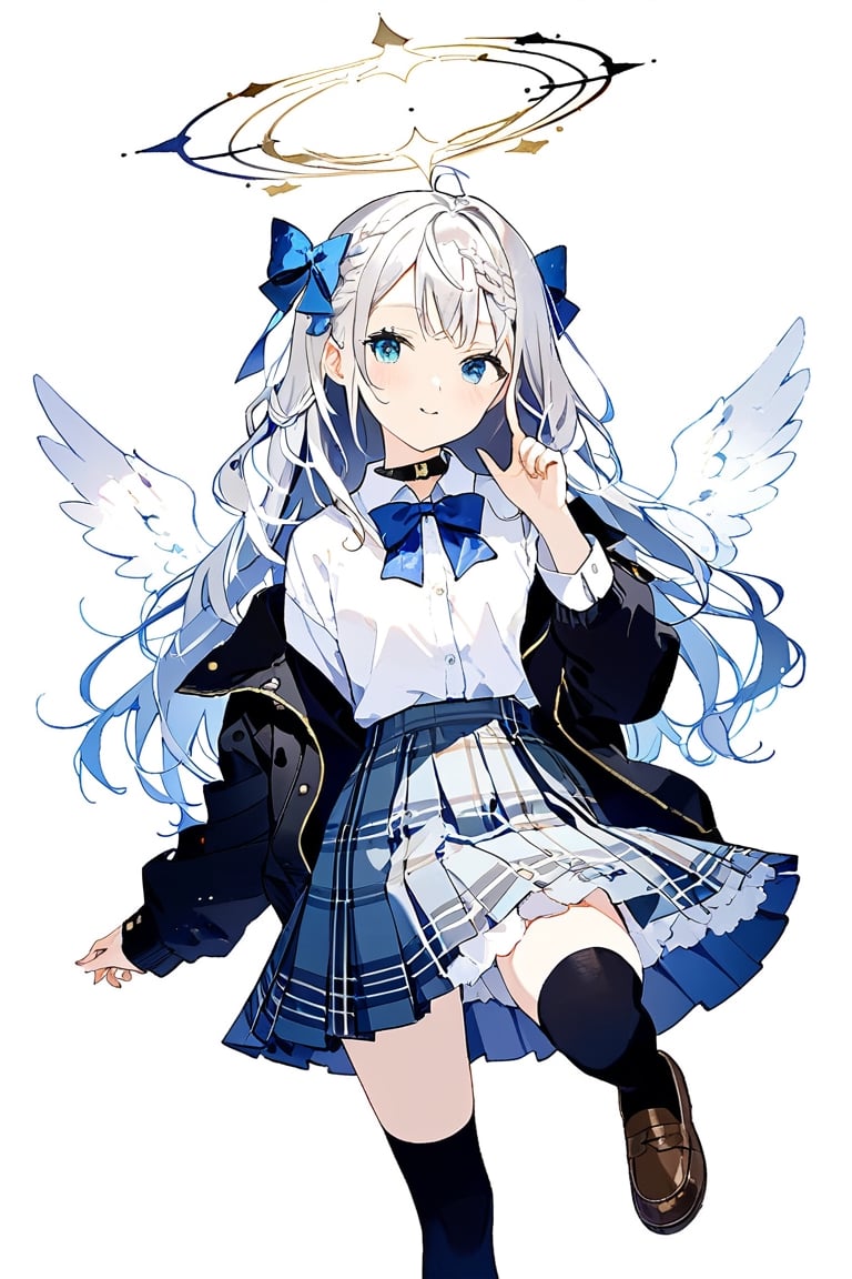 a cute girl,1girl, angel, white hair, long curly hair, ((two side up)), blue eyes, (two blue bows on head), (Double golden halo on her head), choker, angel wings on back, ahoge, shirt, long sleeves, white background, closed mouth, standing,  jacket, full body, braid, pleated skirt, open clothes, shoes, socks, collared shirt, hand up, open jacket, plaid, plaid skirt, brown footwear, cardigan, wing collar, green skirt, black socks, loafers, index finger raised, white shirt,striking a pose with index finger on the chin, indicating confidence or feeling suave,:d,natural light,blush,Mid-shot,masterpiece, best quality, aethetic,（head tilt：1.2）,