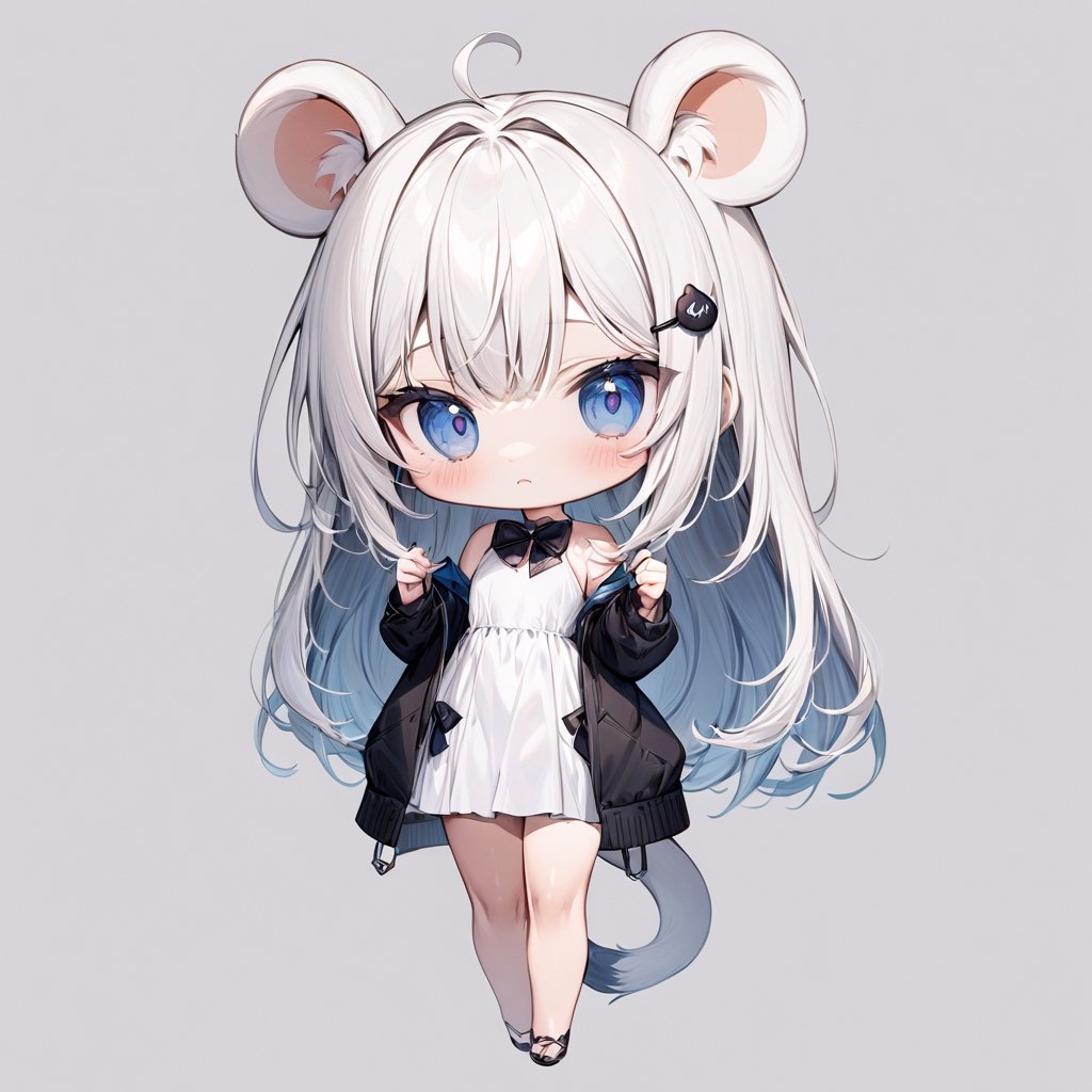 chibi, masterpiece, made by a master, 4k, perfect anatomy, perfect details, best quality, high quality, lots of detail.
(solo),1girl, ((white hair)), very long hair, (bunny hairpin), blue eyes, (straight hair), (bangs), (stoat ears:1.2), ahoge, fangs, (stoat Tail:1.2)(White sleeveless dress, chest bow), (black hooded jacket), (Off the shoulders), single, looking at viewer, (flat face), (poker face), (full body) ,Emote Chibi. cute comic,simple background, flat color, Cute girl,Chibi Style,