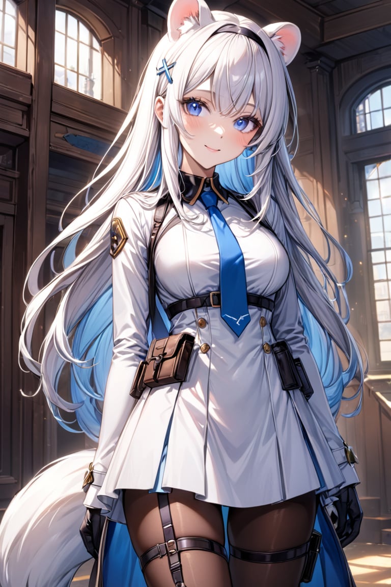 1girl, stoat girl, solo,  ((white hair)), very long hair, blue eyes, (straight hair), (bangs), animal ears, (stoat ears:1.2),
 Choker, ahoge, yaeba, (big white stoat Tail:1.2), (blue X hairpin), solo, long hair, breasts, looking at viewer, smile, bangs, blue eyes, skirt, gloves, long sleeves, dress, medium breasts, very long hair, closed mouth, standing, jacket, white hair, pantyhose, cowboy shot, hairband, necktie, black gloves, indoors, white dress, window, thigh strap, brown pantyhose, blue necktie, holster, thigh holster