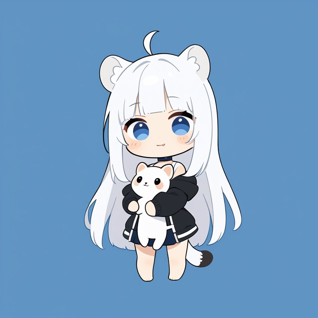 chibi, masterpiece, made by a master, 4k, perfect anatomy, perfect details, best quality, high quality, lots of detail.
(solo),1girl, ((white hair)), very long hair, blue eyes, (straight hair), (bangs), animal ears, (stoat ears:1.2), Choker, ahoge, fang, (big stoat Tail:1.2), (White sleeveless two piece dress, blue chest bow), (black hooded jacket:1.2), (Off the shoulders), (hugging a rabbit doll:1.2), single, looking at viewer, (full body) ,Emote Chibi. cute comic,simple background, flat color, Cute girl,Chibi Style,chibi emote style,cute,anime