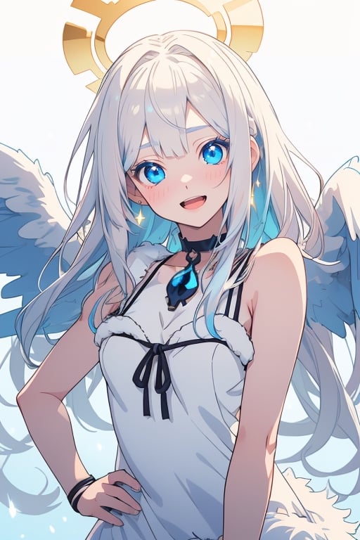 (photorealistic:1.4), (anime colored:1.5),(masterpiece, sidelights, exquisite gentle eyes), (character focus,face focus,close to viewer,portrait,masterpiece,)、anime colored,,cute face、 3D face,(cyan hair to blue hair gradient hair),,(1 girl), angel, white hair, long curly hair, (two side up), blue eyes, Two (blue) hair ties on head , (Double (golden) halo on her head), choker, (angel wings), ahoge, (open stance,put your hands on your hip:1.3),(blue eyes:1.5),(upper body:1.5),(sleeveless white hair fur sundress :1.5),(kind face),(blush)、(cute face)、(head tilt:1.5), (cute face),(open mouth,Laughter:1.2),Gentle face,(medium breasts),(gradient background)、(glowing eyes)、
neat and clean、adorable、Slim Body,(tareme:1.5),,shiny hair, shiny skin、,niji,sketch,manga,

