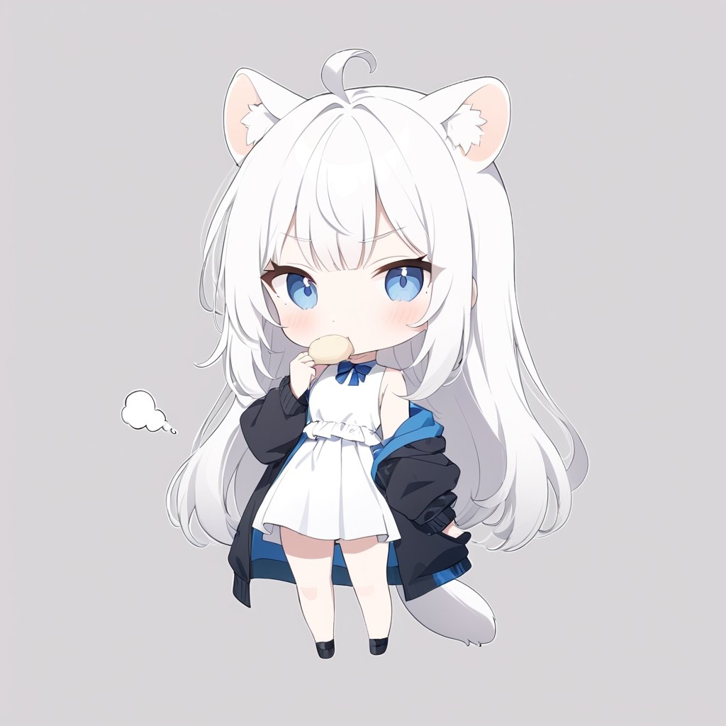 chibi, masterpiece, made by a master, 4k, perfect anatomy, perfect details, best quality, high quality, lots of detail.
(solo),1girl, ((white hair)), very long hair, blue eyes, (straight hair), (bangs), (stoat ears:1.2), ahoge, fang, (big stoat Tail:1.2), (White sleeveless dress, blue chest bow), (black hooded jacket), (Off the shoulders), eating a big dumpling, single, looking at viewer, (slightly angry), (chuckle), (full body) ,Emote Chibi. cute comic,simple background, flat color, Cute girl,Chibi Style,