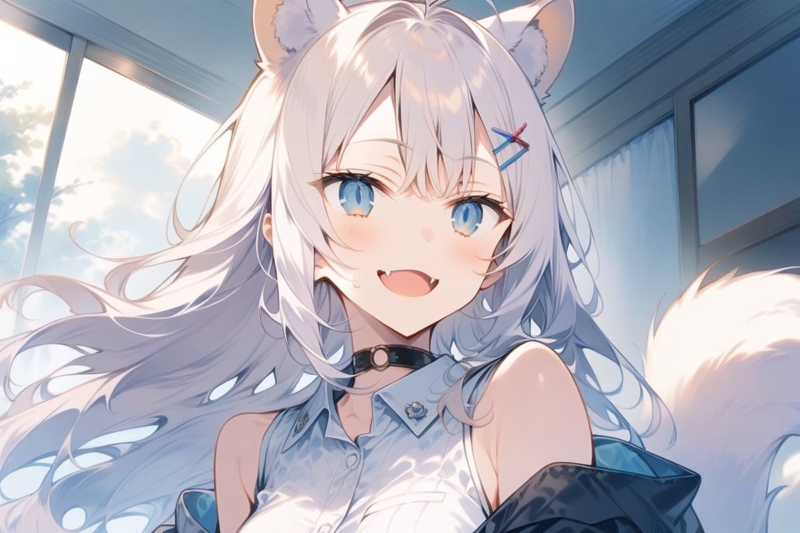 score_9, score_8_up, score_7_up, masterpiece, insane detail, 4k, source_anime, 1girl, solo,  ((white hair)), very long hair, blue eyes, (straight hair), (bangs), animal ears, (stoat ears:1.2), Choker, ahoge, fangs, (big stoat Tail:1.2), (X hairpin), (White sleeveless collared dress, blue chest bow), (black hooded oversized jacket:1.2), (Off the shoulders), 
, shaded face, light white hair, long hair, ahoge, wide smile, ,aesthetic