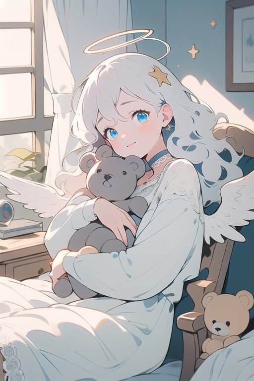 1girl, angel, white hair, long curly hair, (two side up),blue eyes, two blue ribbons on her hair, (Double golden halo on her head), choker, (angel wings), cuddling a teddy bear while peacefully asleep, her soft white curls falling gently on her pillow, a serene smile on her face, the teddy bear held tightly in her arms, a faint moonlight shining through the window, casting a gentle glow on their faces, a room adorned with delicate lace curtains, a vintage wooden rocking horse in the corner, and a stack of storybooks on the nightstand, captured in a dreamy and magical illustration style.,portrait