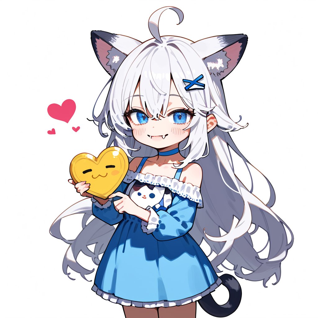 masterpiece, 1girl, stoat girl, solo,  ((white hair)), very long hair, blue eyes, (straight hair), (bangs), animal ears, (stoat ears:1.2),
 Choker, ahoge, fangs, (big stoat Tail:1.2), (blue X hairpin), solo, long hair, blush, bangs, simple background, cute dress, white background, hair between eyes, (((love))), (smiling), (((holding a big heart))), collarbone, ahoge, lips parted, off shoulder, chibi, (((up body))),flat style,