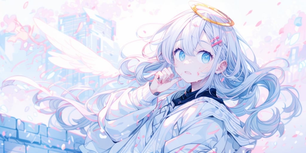 full body,Blood Mist, background_Urban rooftop,1girl, angel, with sliver long curly hair, blue eyes, two blue ribbons on her hair, (Double golden halo on her head), angel wings, despair,blood sakura,((masterpiece)), (((best quality))), ((ultra-detailed)), ((illustration)), ((disheveled hair)),Blood Cherry Blossom,torn clothes,tearing with eyes open,solo,Blood Rain,bandages,Gunpowder smoke,beautiful deatailed shadow, Splashing blood,dust,tyndall effect,portrait