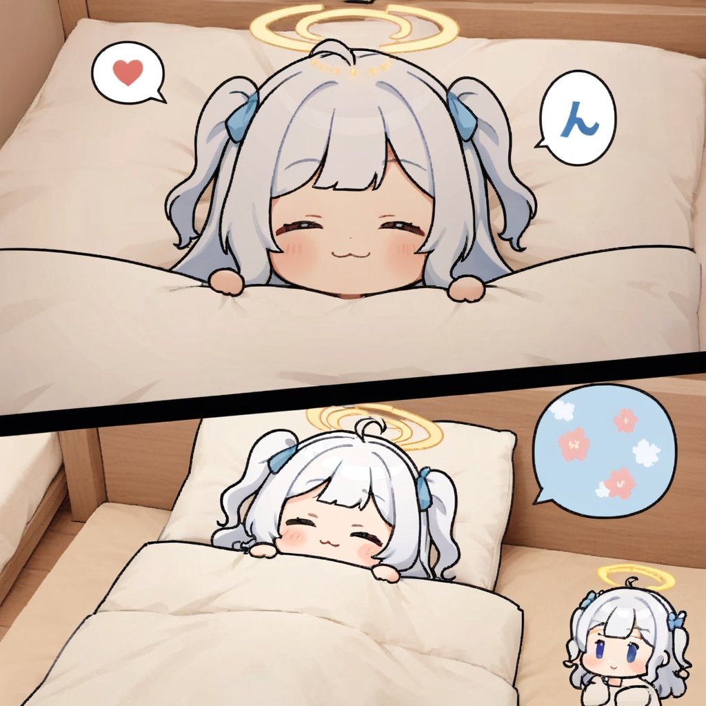 (chibi:1.3), masterpiece, made by a master, 4k, perfect anatomy, perfect details, best quality, high quality, lots of detail.
(solo),1girl, ((angel)), ((white hair)), (long hair:1.3), (two side up), blue eyes,  (curly hair:1.2), (wavy hair), (hair curls), (bangs), (two side up), two ((blue)) hair ties on head, ((Double golden halo on her head)), choker, ((angel wings)), ahoge, (white long sleeve hooded top), Black long pants, white socks, single, happy, smile, :3, thumbs up, shared speech bubble, spoken heart, futon, pillow, closed eyes, bed, sleeping, lying, under covers, blanket,, (full body) ,Emote Chibi. cute comic, (sakura background), flat color, Cute girl,dal,Chibi Style,lineart,FaceST1