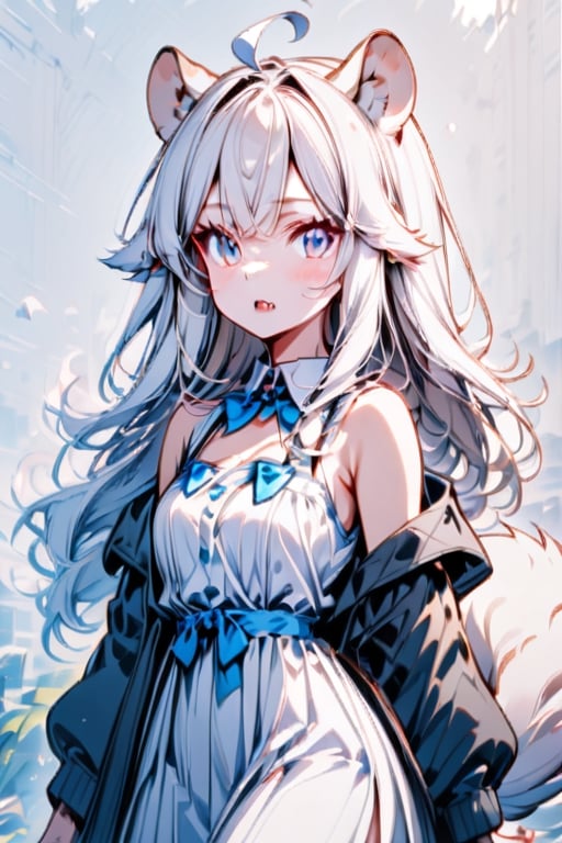 1girl, solo,  ((white hair)), very long hair, blue eyes, (straight hair), (bangs), animal ears, (stoat ears:1.2), Choker, ahoge, fangs, (big stoat Tail:1.2), 
(White sleeveless collared dress, blue chest bow), (black hooded oversized jacket:1.2), (Off the shoulders), looking at viewer, simple background, shirt,, white background, upper body,female ,girl 