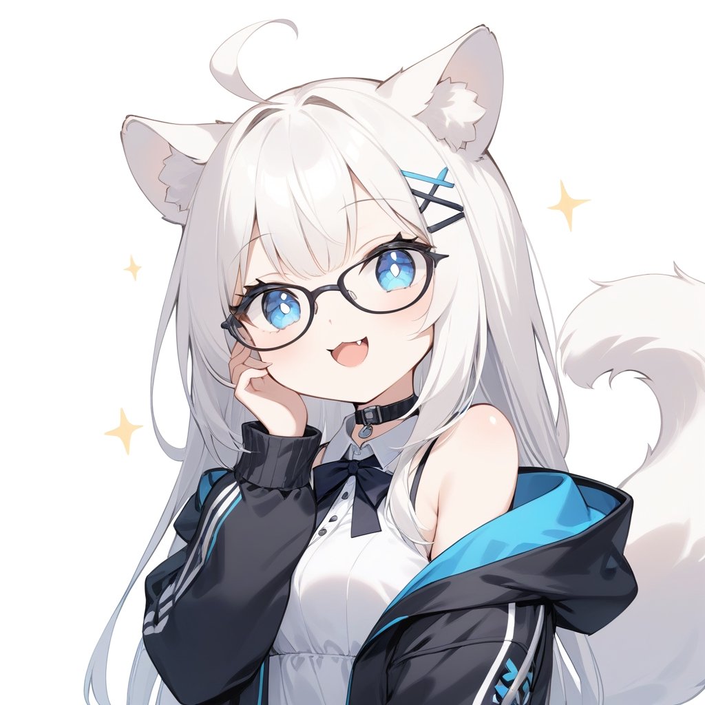 {{{masterpiece}}}, {{{best quality}}}, {{ultra-detailed}}, {beautiful detailed eyes},1girl, solo,  ((white hair)), very long hair, blue eyes, (straight hair), (bangs), animal ears, (stoat ears:1.2), Choker, ahoge, fangs, (big stoat Tail:1.2), (X hairpin), (White sleeveless collared dress, blue chest bow), (black hooded oversized jacket:1.2), (Off the shoulders), (glasses), O_O, smile, hand on face, upper body,chibi emote style,chibi,emote,aesthetic