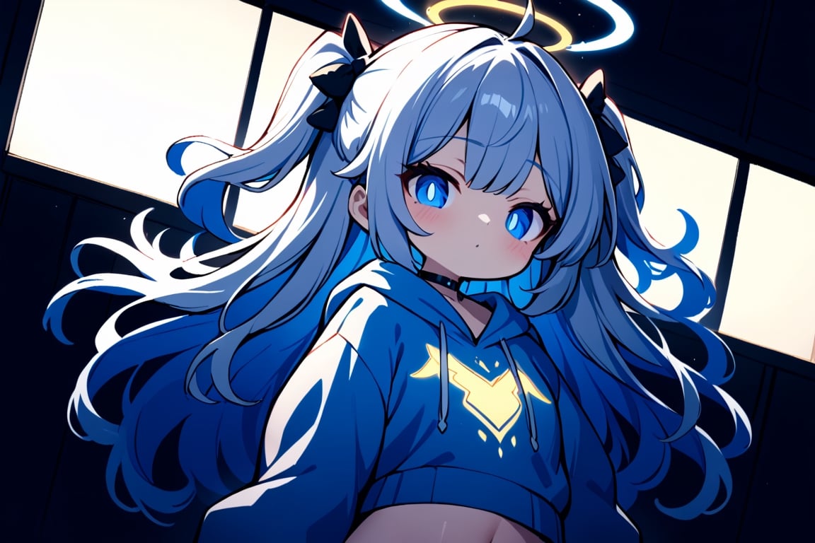 1girl, (angel), white hair, long curly hair, ((two side up)), blue eyes,  (curly hair:1.2), (wavy hair), (hair curls)
, (bangs), (two side up), two blue hair ties on head, (Double golden halo on her head), choker, (angel wings), ahoge, A trendy girl,neon hoodie,cybernetic illuminations,masterpiece, best quality,  aethetic,Waist-up view,more detail XL