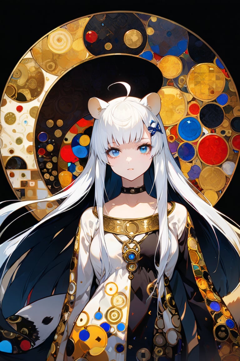 A beautiful girl, 1girl, stoat girl, solo,  ((white hair)), very long hair, blue eyes, (straight hair), (bangs), animal ears, (stoat ears:1.2),
 Choker, ahoge, yaeba, (big white stoat Tail:1.2), (blue X hairpin), dynamic character, detailed exquisite face, bold high quality, high contrast, patchwork, vibrant colors, looking at viewer, intricate gold patterns, swirling motifs, (Gustav Klimt and Mucha and Caravaggio style artwork),art_booster, 