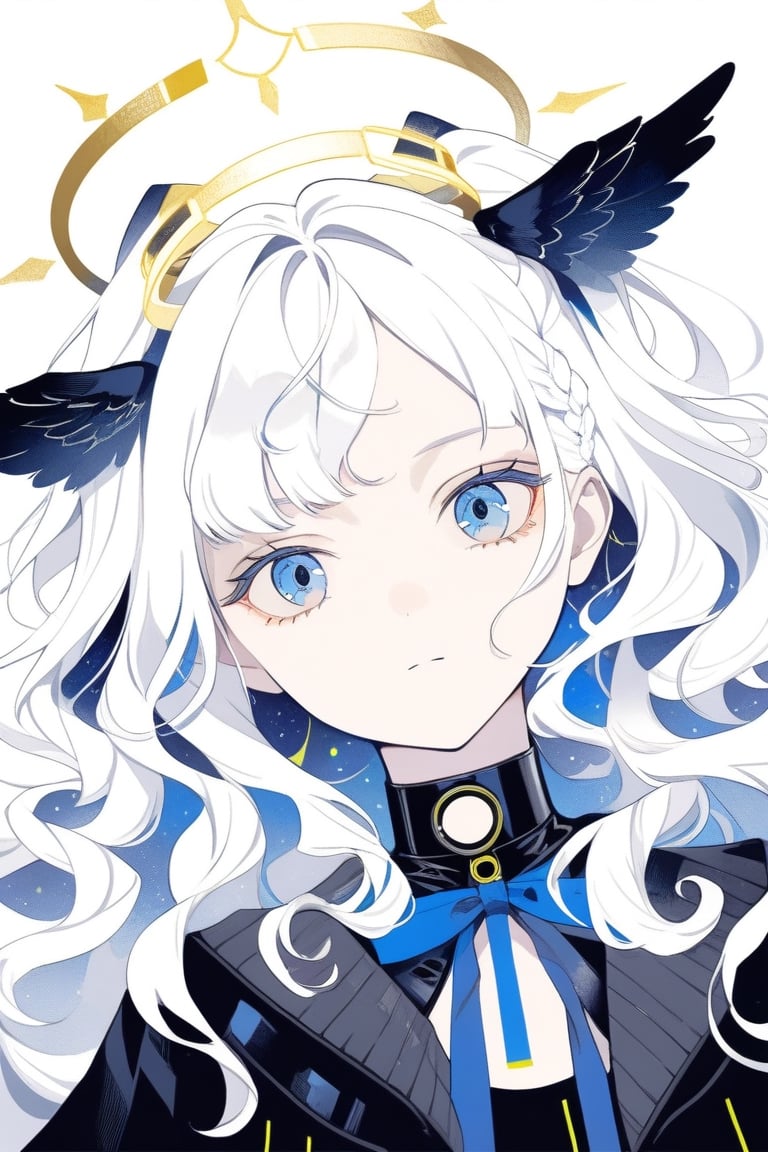 portrait of cute detecive in the noir city, 1girl, angel, white hair, long curly hair, (two side up), blue eyes, two blue ribbons on her hair, (Double golden halo on her head), choker, angel wings, detailed illustration portrait, incredible details, disney stylized cute, dark cyberpunk illustration,Visual Anime