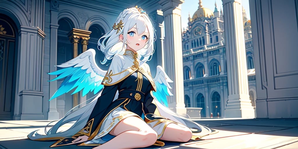 vibrant colors, female, masterpiece, sharp focus, best quality, depth of field, cinematic lighting, ((solo, one woman )), (illustration, 8k CG, extremely detailed), masterpiece, ultra-detailed,
1angel, (white hair), long curly hair, blue eyes, (two blue ribbons on her hair), (Double golden halo on her head), angel wings, sweater, cute outfit, sitting, against the wall, beside the street, open mouth, best smile, cute face, (full body),  perfect light,1girl white hair blue eyes x hair ornament,masterpiece,