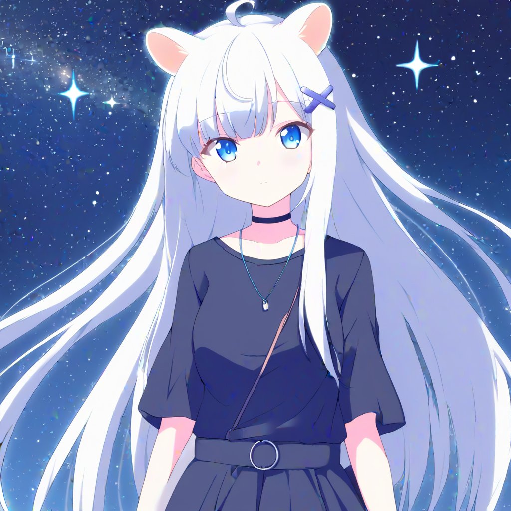 1girl, stoat girl, solo,  ((white hair)), very long hair, blue eyes, (straight hair), (bangs), animal ears, (stoat ears:1.2),
 Choker, ahoge, yaeba, (big white stoat Tail:1.2), (blue X hairpin), beautiful, long hair,casual outfit, outdoors, looking at viewer, medium hair, close view,starry sky, sky, night,,noc-space,anime