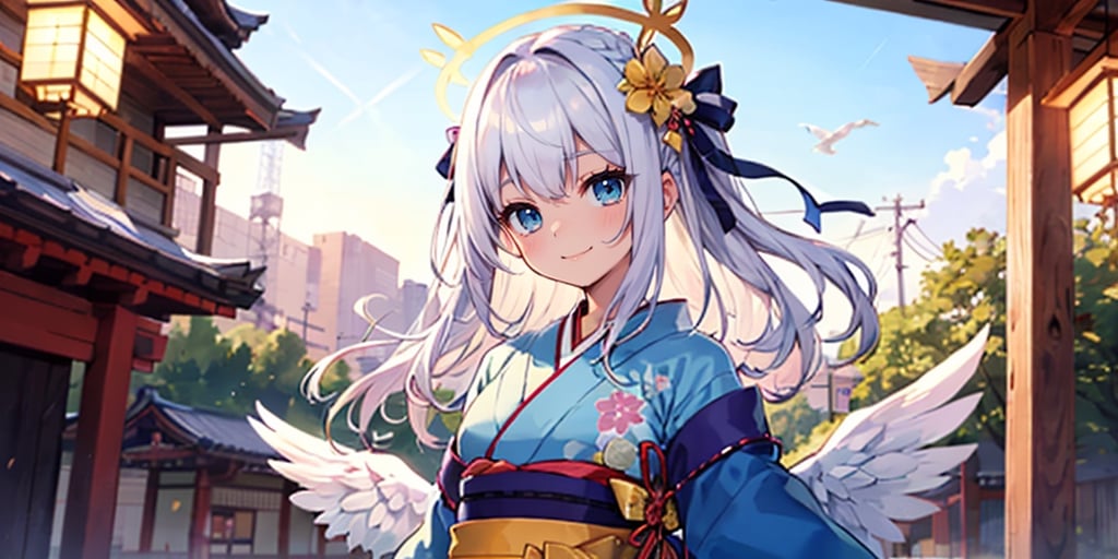  (Best Picture Quality, High Quality, Best Picture Score: 1.3), , Perfect Beauty Score: 1.5, long hair, 1 angel girl, (solo), ((white hair)), (long curly hair), blue eyes, ((two blue ribbons on her hair)), (Double golden halo on her head), (angel wings), (cute outfit), cute smile, (Wearing cute kimono), The background is a Japanese New Year shrine, beautiful, cute, masterpiece, best quality,