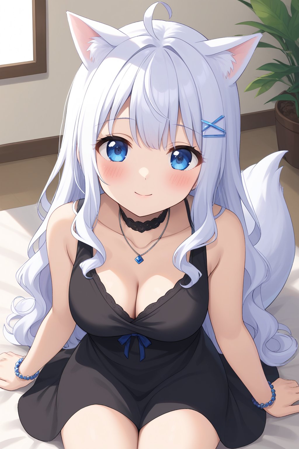 1girl, stoat girl, solo,  ((white hair)), very long hair, blue eyes, (straight hair), (bangs), animal ears, (stoat ears:1.2),
 Choker, ahoge, yaeba, (big stoat Tail:1.2), (blue X hairpin), solo, long hair, breasts, looking at viewer, blush, bangs, blue eyes, hair ornament, dress, ribbon, cleavage, bare shoulders, jewelry, medium breasts, sitting, very long hair, closed mouth, collarbone, sleeveless, indoors, necklace, black dress, bracelet, sleeveless dress, arm support, wavy hair,Cute Anime