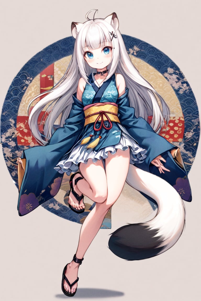 1 girl, stoat girl, solo,  ((white hair)), very long hair, blue eyes, (straight hair), (bangs), animal ears, (stoat ears:1.2),
 Choker, ahoge, yaeba, (big stoat Tail:1.2), (blue X hairpin), solo, simple background, Japanese pattern background, looking at viewer, bangs, smiling, blue eyes, frilly skirt, hair accessory, long sleeves, bare shoulders, mouth closed, standing, standing with one leg up, full body, sleeves removed, Japanese dress, sleeveless, black footwear, sleeves up to wrist, bell, sandals, Hanafuda cards,ink paint