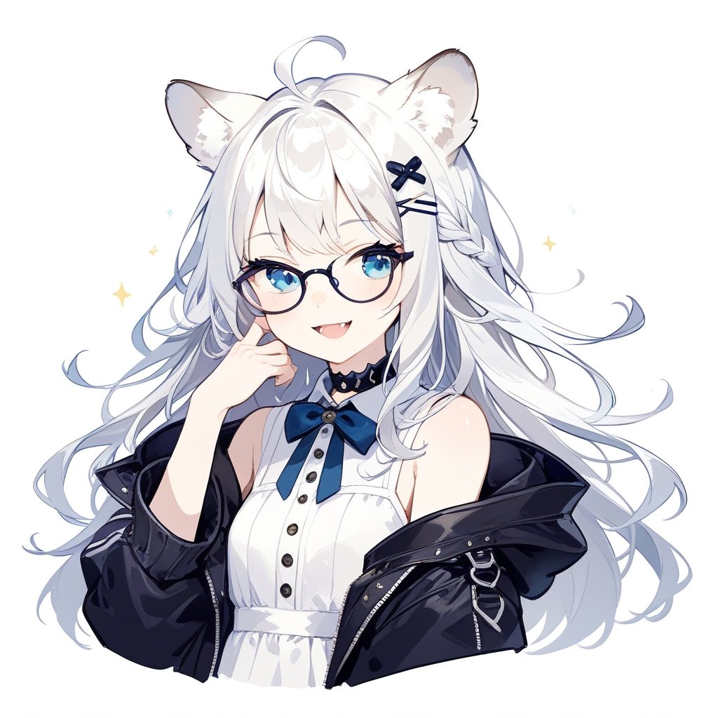 {{{masterpiece}}}, {{{best quality}}}, {{ultra-detailed}}, {beautiful detailed eyes},1girl, solo,  ((white hair)), very long hair, blue eyes, (straight hair), (bangs), animal ears, (stoat ears:1.2), Choker, ahoge, fangs, (big stoat Tail:1.2), (X hairpin), (White sleeveless collared dress, blue chest bow), (black hooded oversized jacket:1.2), (Off the shoulders), (glasses), O_O, smile, hand on face, upper body,chibi emote style,chibi,emote,