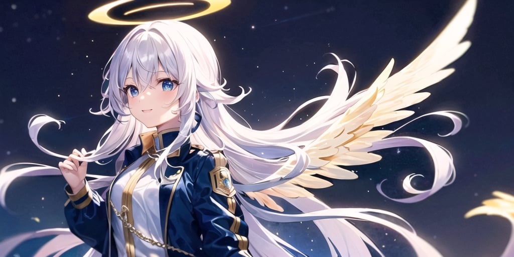  (Best Picture Quality, High Quality, Best Picture Score: 1.3), , Perfect Beauty Score: 1.5, long hair, 1 angel girl, (solo), ((white hair)), (long curly hair), blue eyes, ((two blue ribbons on her hair)), (Double golden halo on her head), (angel wings), (cute outfit), ((wearing aBlack Flames Jacket)), cute smile, background is the night sky with the bright moon hanging high, beautiful, cute, masterpiece, best quality,masterpiece,best quality