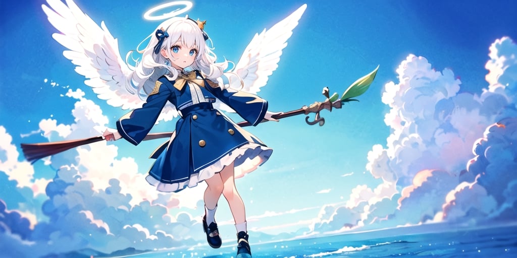  (Best Picture Quality, High Quality, Best Picture Score: 1.3), , Perfect Beauty Score: 1.5, long hair, 1 angel girl, (solo), ((white hair)), (long curly hair), blue eyes, ((two blue ribbons on her hair)), (Double golden halo on her head), (angel wings), (cute outfit), wearing blue one piece dress, (Ride a flying broomstick), fly in the air, country town, (full_body), beautiful, cute, masterpiece, best quality,perfect light,