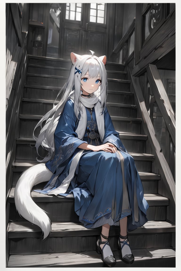 1girl, stoat girl, solo,  ((white hair)), very long hair, blue eyes, (straight hair), (bangs), animal ears, (stoat ears:1.2),
 Choker, ahoge, yaeba, (big white stoat Tail:1.2), (blue X hairpin), An animated image of a woman in a blue dress sitting on a set of stairs. The woman has long hair and blue eyes. She is wearing a white scarf around her neck. The stairs she is sitting on are made of gray wood. There is a window to the left of the woman. The wall behind the woman  has a design on it.