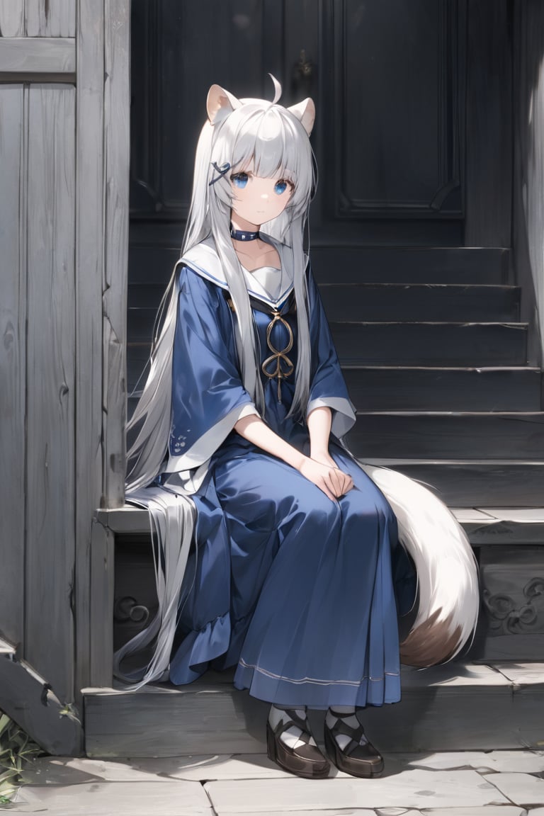 1girl, stoat girl, solo,  ((white hair)), very long hair, blue eyes, (straight hair), (bangs), animal ears, (stoat ears:1.2),
 Choker, ahoge, yaeba, (big white stoat Tail:1.2), (blue X hairpin), An animated image of a woman in a blue dress sitting on a set of stairs. The woman has long hair and blue eyes. She is wearing a white scarf around her neck. The stairs she is sitting on are made of gray wood. There is a window to the left of the woman. The wall behind the woman  has a design on it.