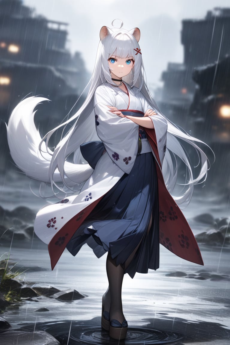 1girl, stoat girl, solo,  ((white hair)), very long hair, blue eyes, (straight hair), (bangs), animal ears, (stoat ears:1.2),
 Choker, ahoge, yaeba, (big white stoat Tail:1.2), (blue X hairpin), very beautiful girl, looking at viewer, /(perfect anatomy)/, kimono, crossing arms, dynamic pose (walking), full body, skirt, stockings, beautiful eyes, total heterochromia, frowning, background battlefield, slightly blurred background, wallpaper quality, badass girl, determined look, rain, waterdrop, water brushing girl's cheeks, almost prismatic eyes. Stunning and attractive image, 8k, detailed image, masterpiece quality.