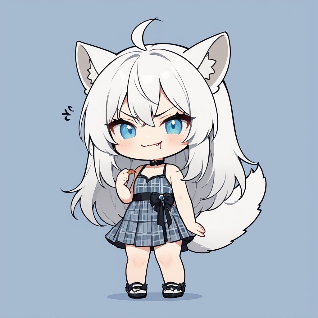 chibi, masterpiece, made by a master, 4k, perfect anatomy, perfect details, best quality, high quality, lots of detail.
(solo),1girl, ((white hair)), very long hair, blue eyes, (straight hair), (bangs), (stoat ears:1.2), ahoge, fang, (big stoat Tail:1.2), (plaid dress, chest bow), eating food, single, looking at viewer, (slightly angry), (chuckle), (full body) ,Emote Chibi. cute comic,simple background, flat color, Cute girl,Chibi Style,