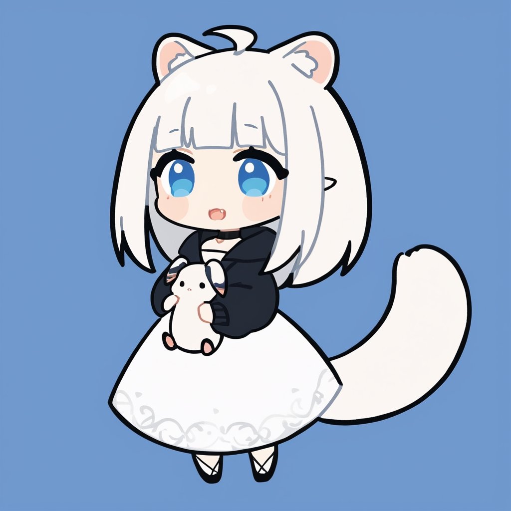 chibi, masterpiece, made by a master, 4k, perfect anatomy, perfect details, best quality, high quality, lots of detail.
(solo),1girl, ((white hair)), very long hair, blue eyes, (straight hair), (bangs), animal ears, (stoat ears:1.2), Choker, ahoge, fang, (big stoat Tail:1.2), (White sleeveless two piece dress, blue chest bow), (black hooded jacket:1.2), (Off the shoulders), (hugging a rabbit doll:1.2), single, looking at viewer, (full body) ,Emote Chibi. cute comic,simple background, flat color, Cute girl,Chibi Style,chibi emote style,cute,anime