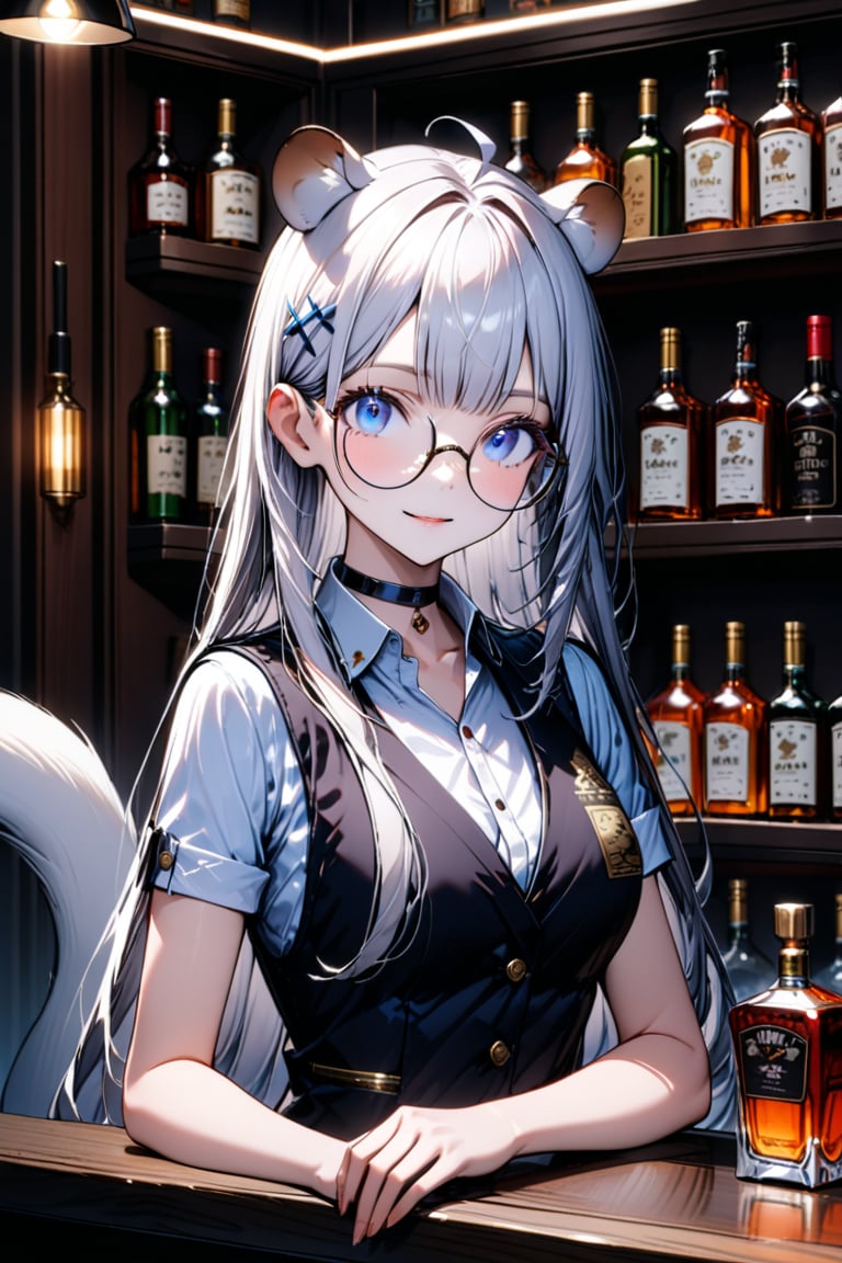 (extremely detailed fine touch:1.3), (from front shoot:1.3), upper body, 1girl, stoat girl, solo,  ((white hair)), very long hair, blue eyes, (straight hair), (bangs), animal ears, (stoat ears:1.2), Choker, ahoge, yaeba, (big white stoat Tail:1.2), (blue X hairpin), solo, alone, 2.5d, light smile, (((silver semi-rimless round eyewear:1.3))), bar, liquor bottle, bartender, Beautiful and detailed blue eyes and face, real skin glitter, pretty girl, bartender vest, rollup sleeve, neatly arranged liquor bottle, luxury label, atmospheric lighting, dark color palette,Japanese pattern