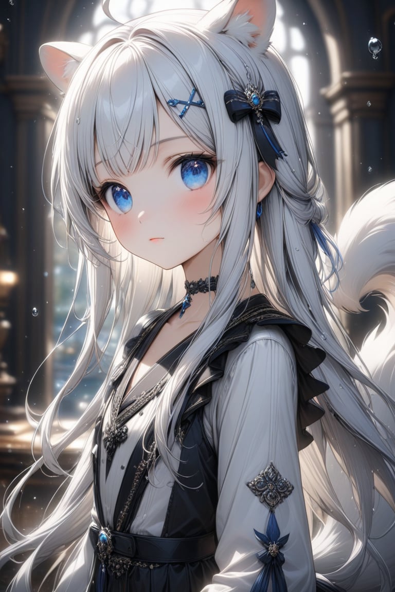 1girl, stoat girl, solo,  ((white hair)), very long hair, blue eyes, (straight hair), (bangs), animal ears, (stoat ears:1.2),
 Choker, ahoge, yaeba, (big white stoat Tail:1.2), (blue X hairpin), Beautiful girl. She is very badass, she wears a very luxurious outfit, pretty detailed, shining skin, detailed skin, dynamic light, wallpaper quality, detailed eyes, shining, blue eyes, blurry background, detailed image, detailed skin, upper body, looking at viewer, stunning image, 8k, proffesional style, luxurious room in background. Water drop, ((masterpiece: 1.2)), light particles, ink droplets in background.,Masterpiece,Stunning image,Professional style