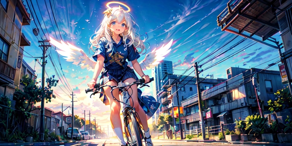  (Best Picture Quality, High Quality, Best Picture Score: 1.3), , Perfect Beauty Score: 1.5, long hair, 1 angel girl, (solo), ((white hair)), (long curly hair), blue eyes, ((two blue ribbons on her hair)), (Double golden halo on her head), (angel wings), (cute outfit), wearing short sleeve, cute smile, Riding a bicycle on the road, background is The sky , beautiful, cute, masterpiece, best quality,perfect light