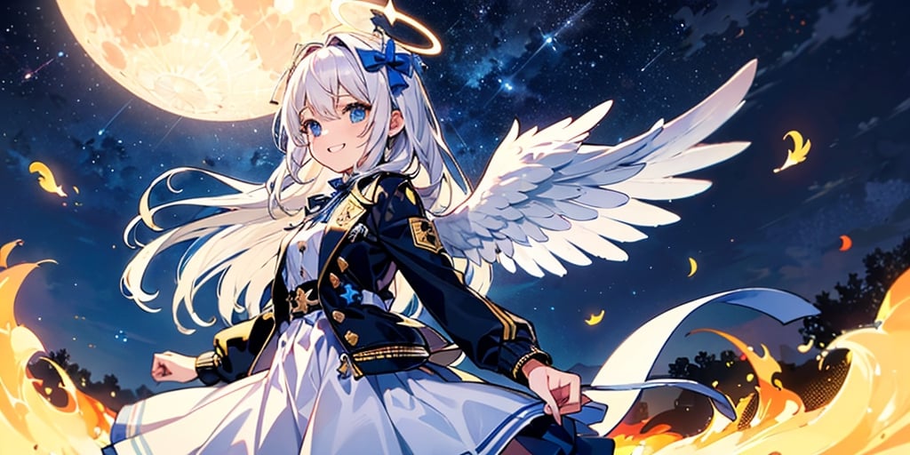  (Best Picture Quality, High Quality, Best Picture Score: 1.3), , Perfect Beauty Score: 1.5, long hair, 1 angel girl, (solo), ((white hair)), (long curly hair), blue eyes, ((two blue ribbons on her hair)), (Double golden halo on her head), (angel wings), (cute outfit), ((wearing aBlack Flames Jacket)), cute smile, background is the night sky with the bright moon hanging high, beautiful, cute, masterpiece, best quality,masterpiece,best quality