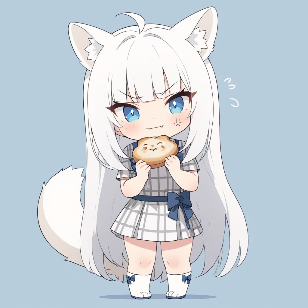 chibi, masterpiece, made by a master, 4k, perfect anatomy, perfect details, best quality, high quality, lots of detail.
(solo),1girl, ((white hair)), very long hair, blue eyes, (straight hair), (bangs), (stoat ears:1.2), ahoge, fang, (big stoat Tail:1.2), (plaid dress, chest bow), eating food, single, looking at viewer, (slightly angry), (chuckle), (full body) ,Emote Chibi. cute comic,simple background, flat color, Cute girl,Chibi Style,