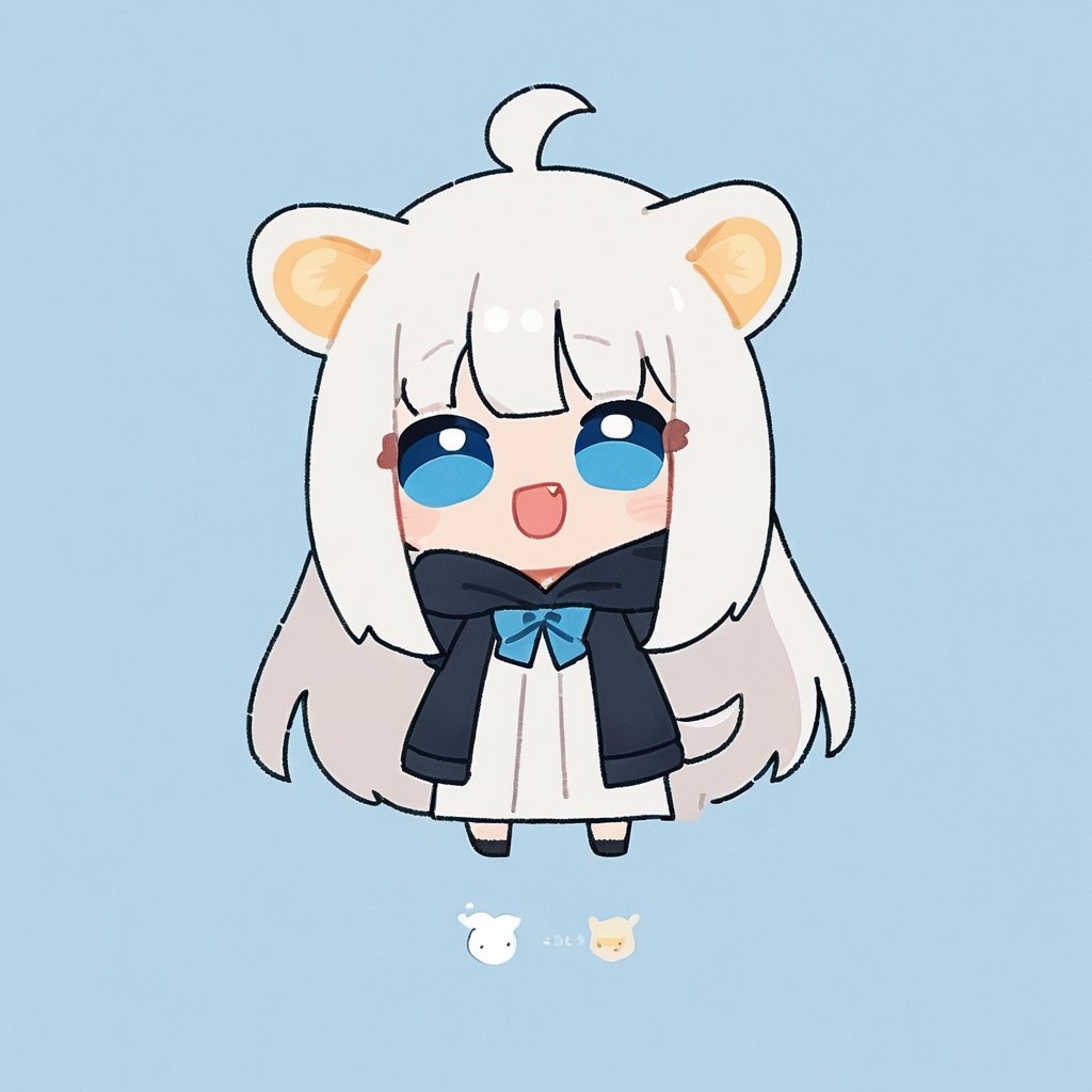 chibi, masterpiece, made by a master, 4k, perfect anatomy, perfect details, best quality, high quality, lots of detail.
(solo),1girl, ((white hair)), very long hair, blue eyes, (straight hair), (bangs), animal ears, (stoat ears:1.2), ahoge, fang, (big stoat Tail:1.2), (White sleeveless two piece dress, blue chest bow), (black hooded jacket:1.2), fighting with a rabbit, single, looking at viewer, (happy), (chuckle), (full body) ,Emote Chibi. cute comic,simple background, flat color, Cute girl,Chibi Style,chibi emote style,cute