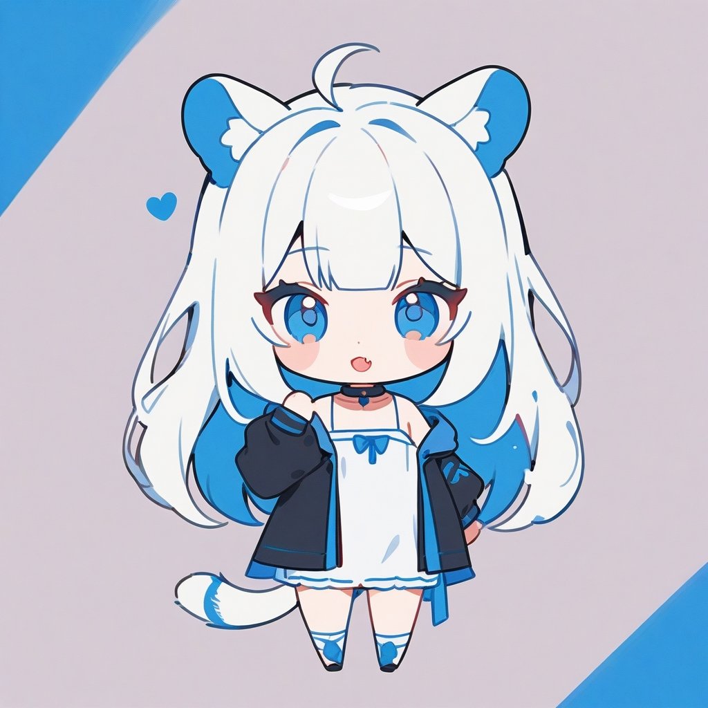 chibi, masterpiece, made by a master, 4k, perfect anatomy, perfect details, best quality, high quality, lots of detail.
(solo),1girl, ((white hair)), very long hair, blue eyes, (straight hair), (bangs), animal ears, (stoat ears:1.2), Choker, ahoge, fang, (big stoat Tail:1.2), (White sleeveless two piece dress, blue chest bow), (black hooded jacket:1.2), (Off the shoulders), (playing with a rabbit:1.2), single, looking at viewer, (full body) ,Emote Chibi. cute comic,simple background, flat color, Cute girl,Chibi Style,chibi emote style,