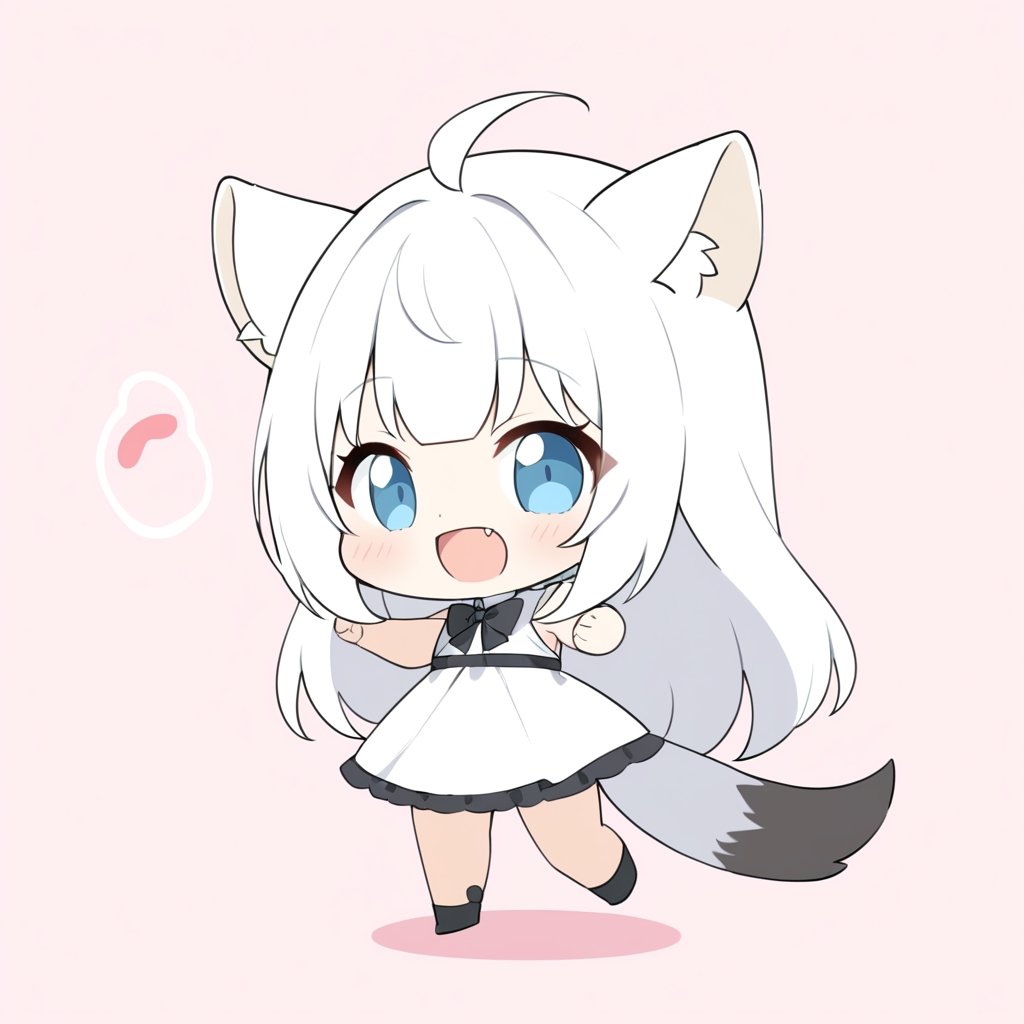 chibi, masterpiece, made by a master, 4k, perfect anatomy, perfect details, best quality, high quality, lots of detail.
(solo),1girl, ((white hair)), very long hair, blue eyes, (straight hair), (bangs), animal ears, (stoat ears:1.2), ahoge, fang, (big stoat Tail:1.2), (White sleeveless two piece dress, chest bow), (black hooded jacket), punching a rabbit, single, looking at viewer, (happy), (chuckle), (full body) ,Emote Chibi. cute comic,simple background, flat color, Cute girl,Chibi Style,chibi emote style,cute